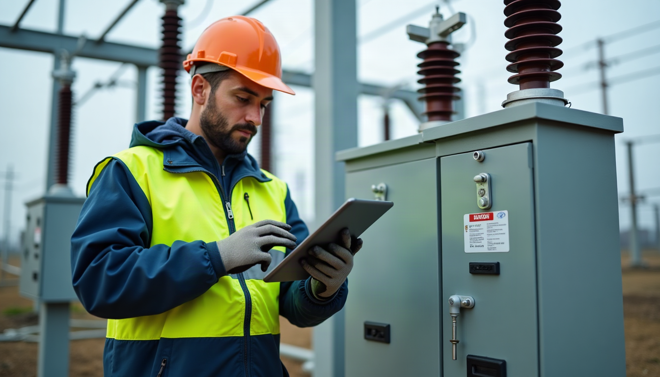 Field technician inspecting electrical infrastructure with a tablet