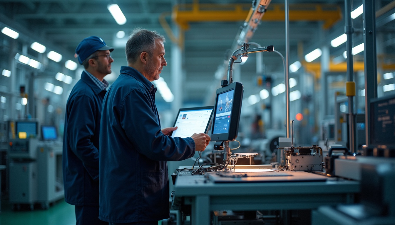 Operator reviewing production data on a terminal beside a factory line