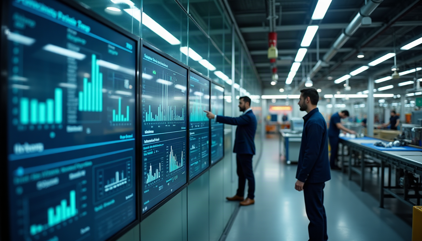 A split view of an executive decision dashboard and an industrial inspection station on a production line