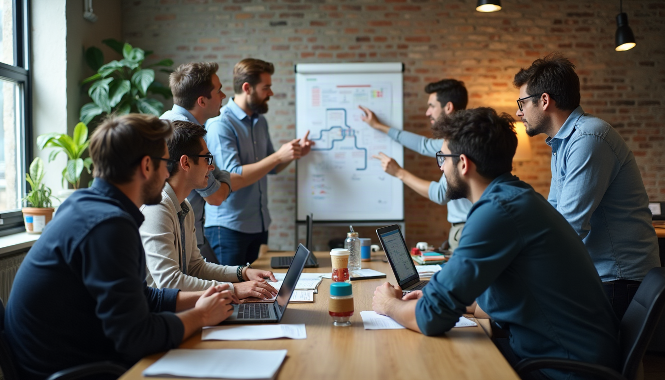 A long-running delivery team and their client counterparts in an informal working review