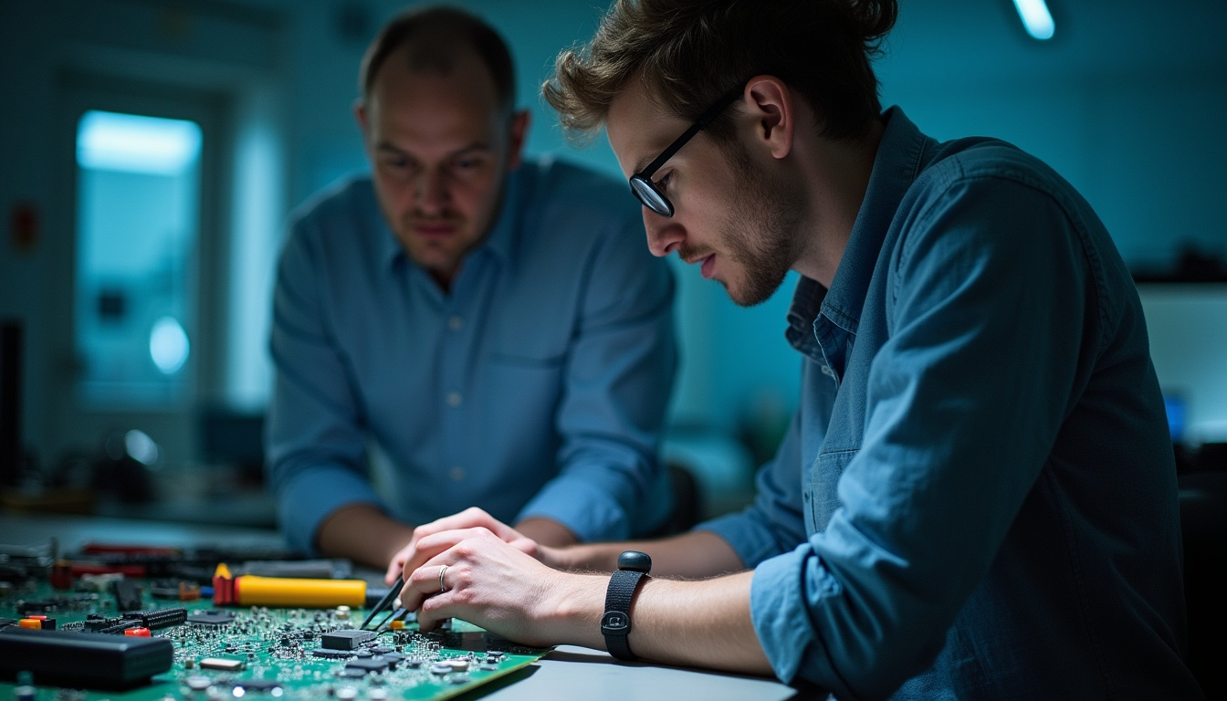An engineer walking a colleague through a piece of hardware