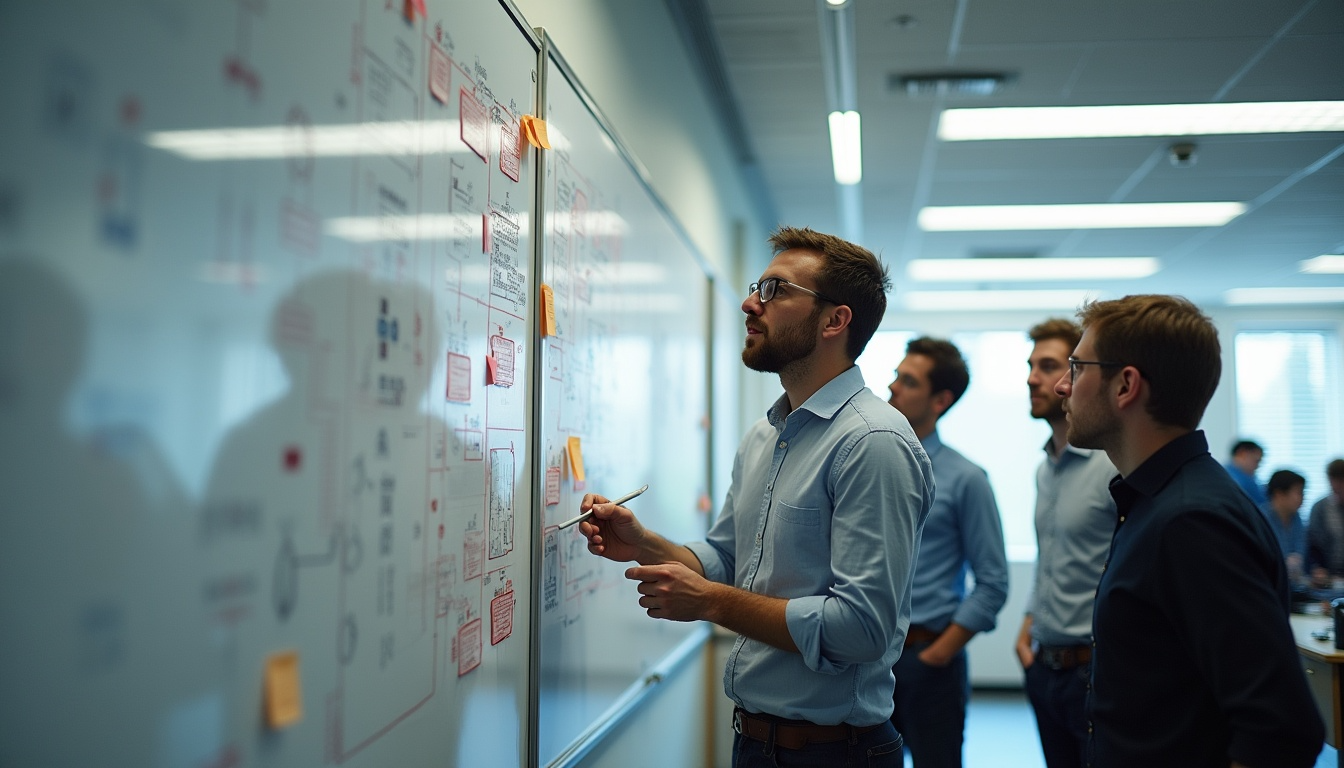 Engineers from different disciplines gathered around a whiteboard covered in a hand-drawn process map