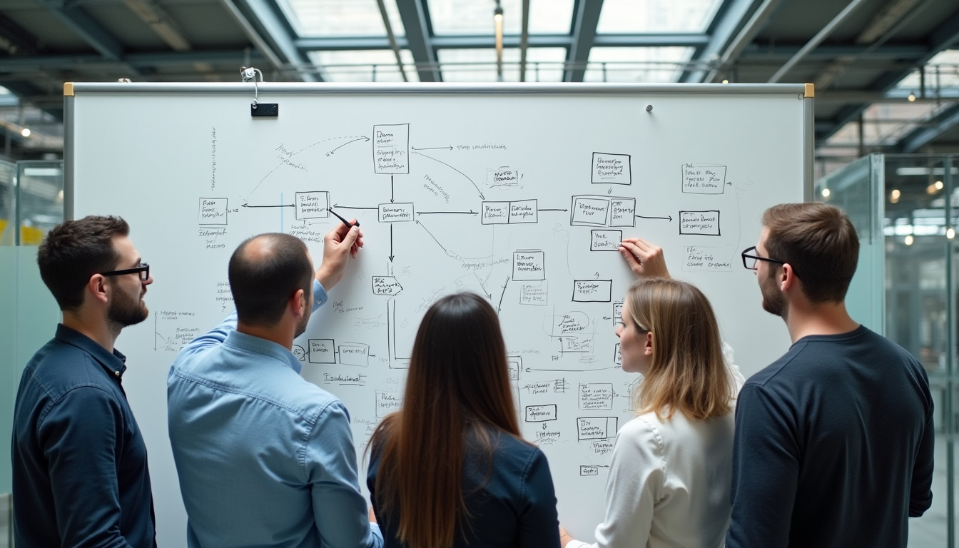 Engineers from different disciplines gathered around a whiteboard covered in a hand-drawn process map