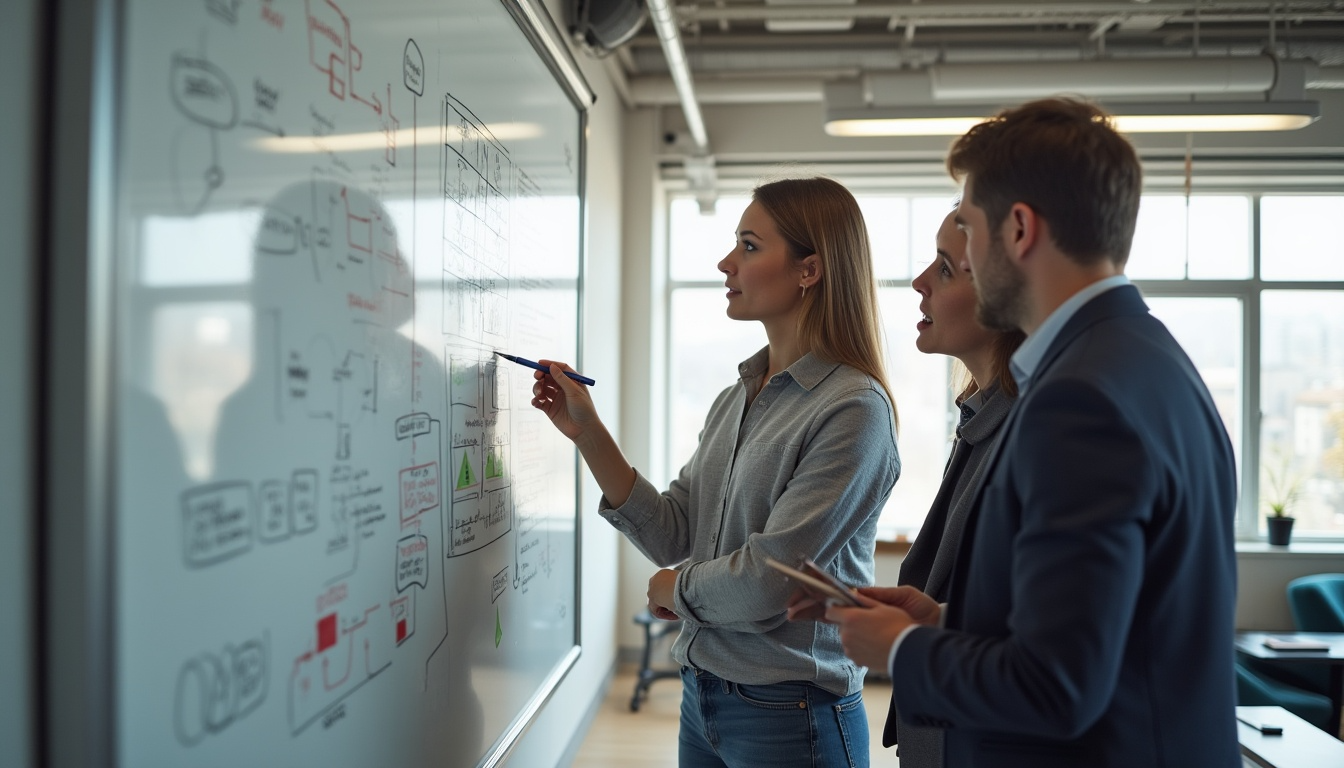 A team at a whiteboard working through a system design