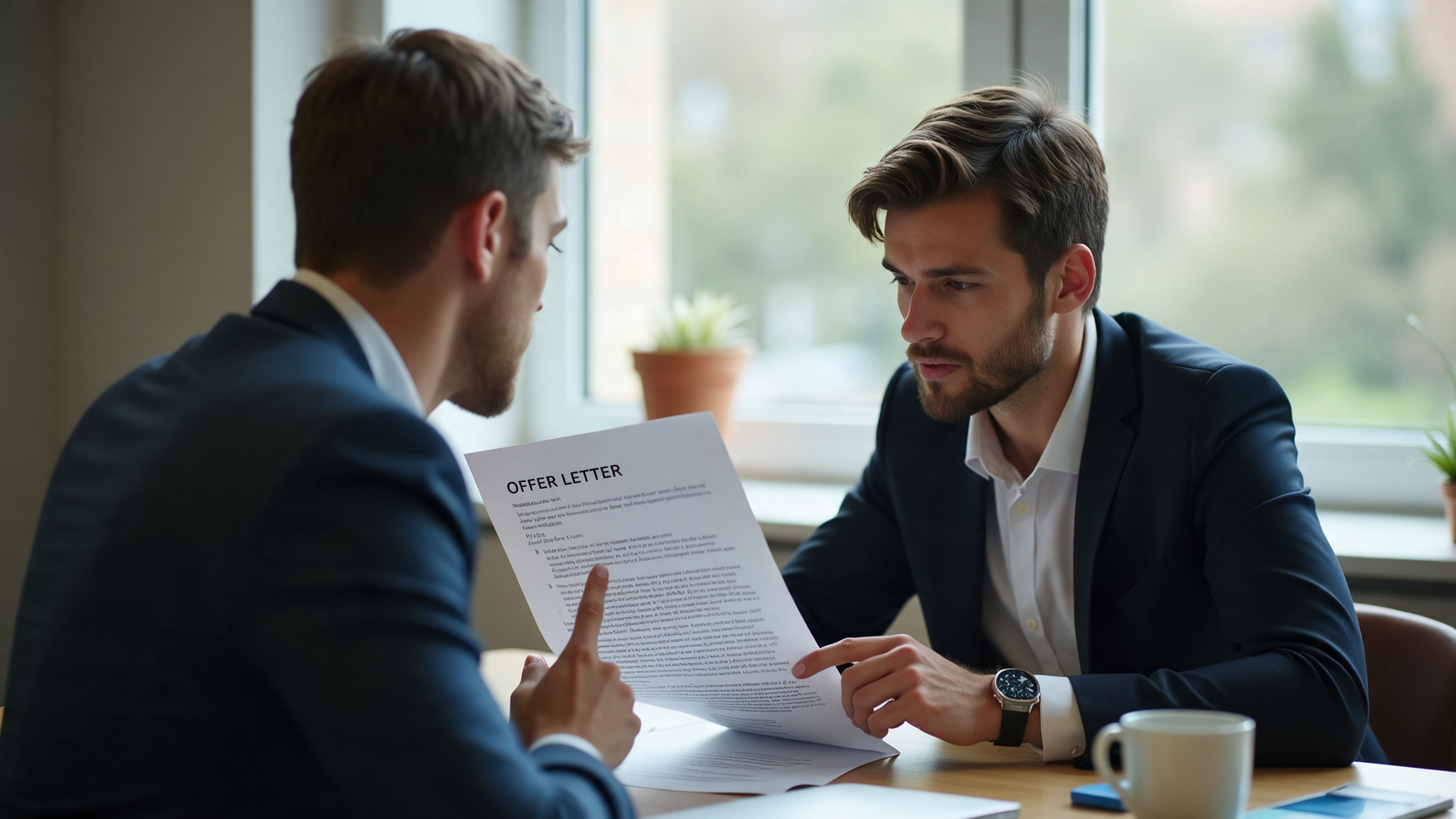 A recruiter and a candidate reviewing an offer