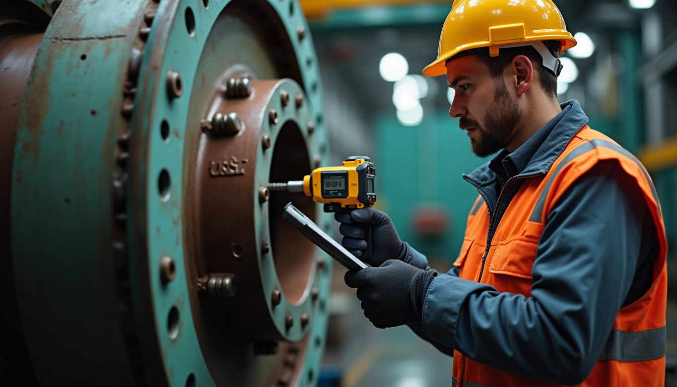 Inspector recording measurements against equipment on an industrial site