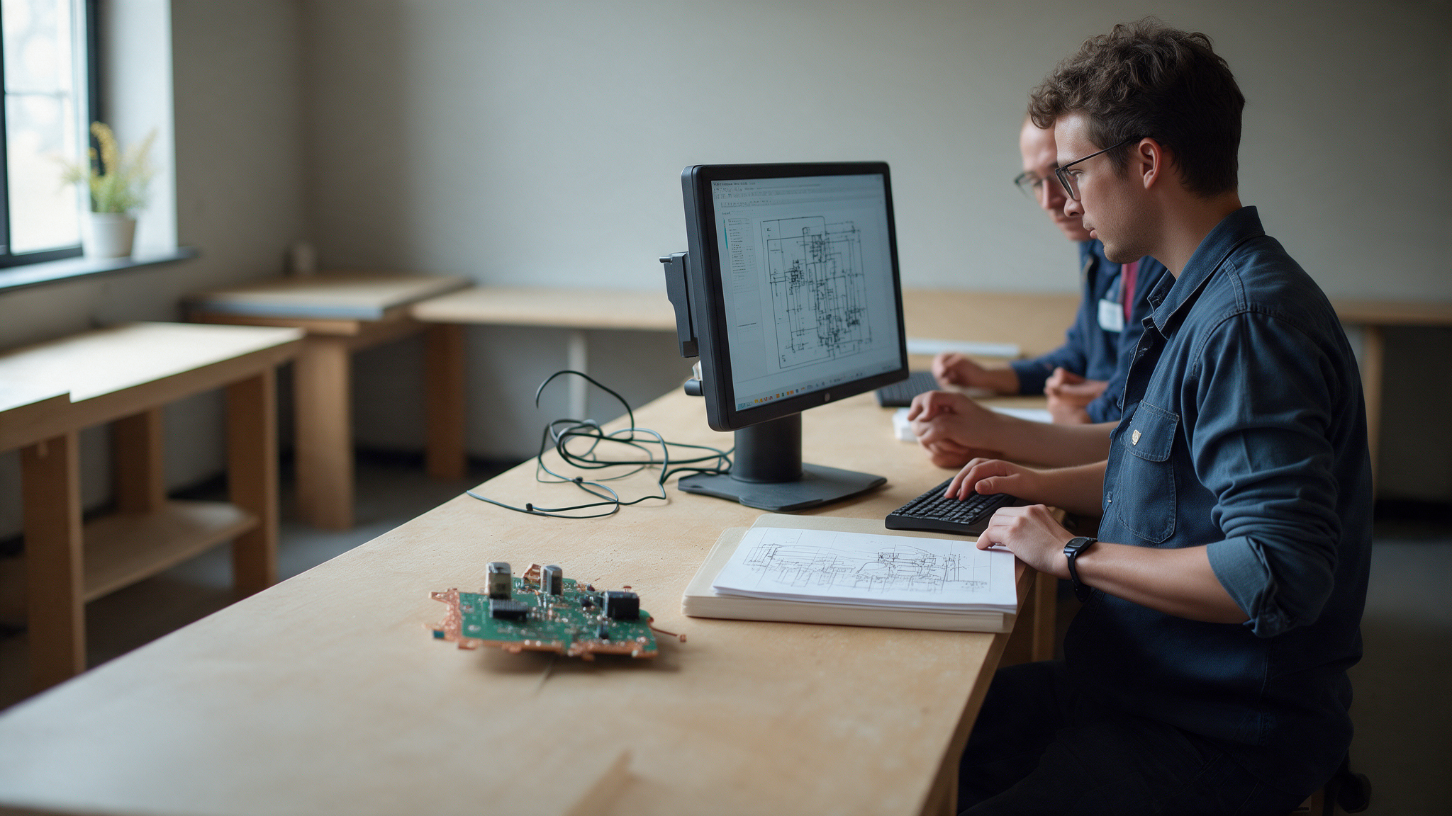 A designer sitting beside an operator at their own workstation, watching how the work is really done
