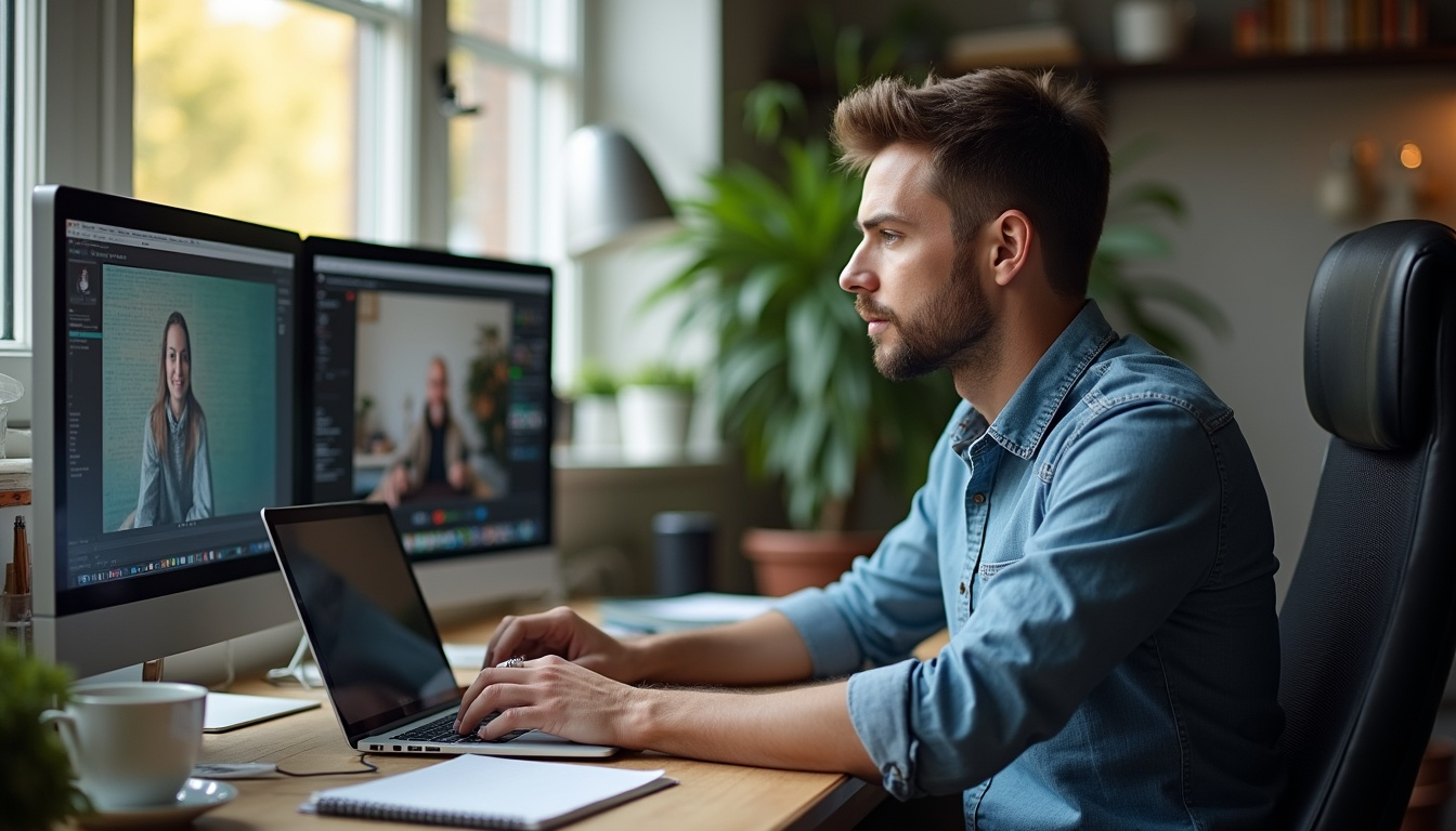 An engineer working from a home office on a video call